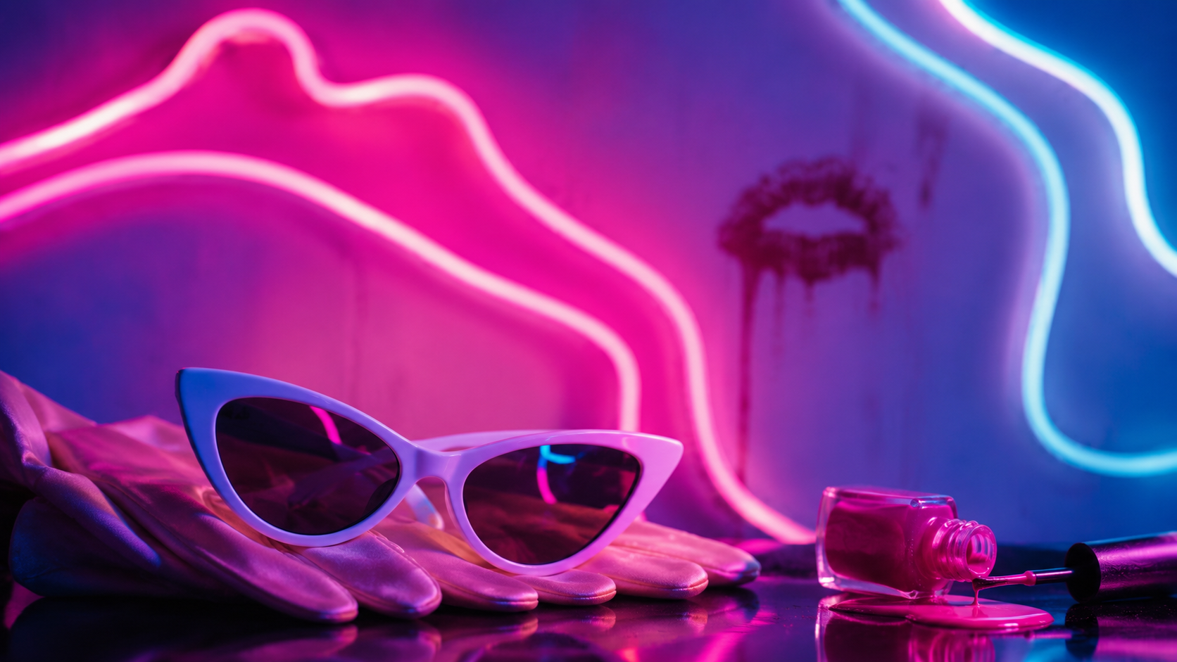Occhiali cat-eye vintage, guanti di raso e smalto al neon